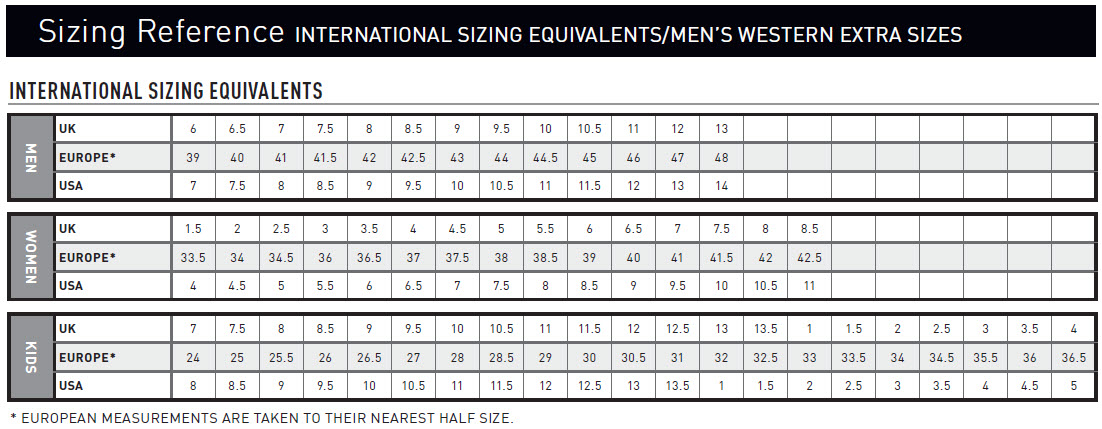 Ariat Heritage Size Chart